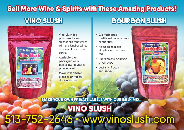 picture of a pouch of Vino Slush Wine & Cocktail Slushie Mix and a pouch of Bourbon Slush Mix