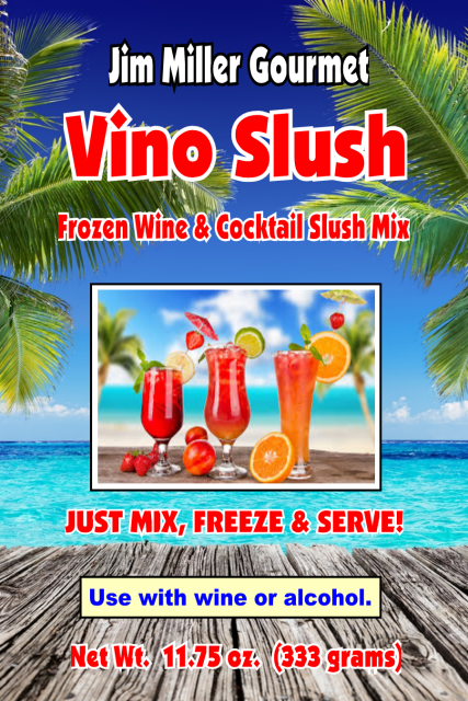 a picture of the front label of a pouch of Vino Slush Wine & Cocktail Slushie Mix